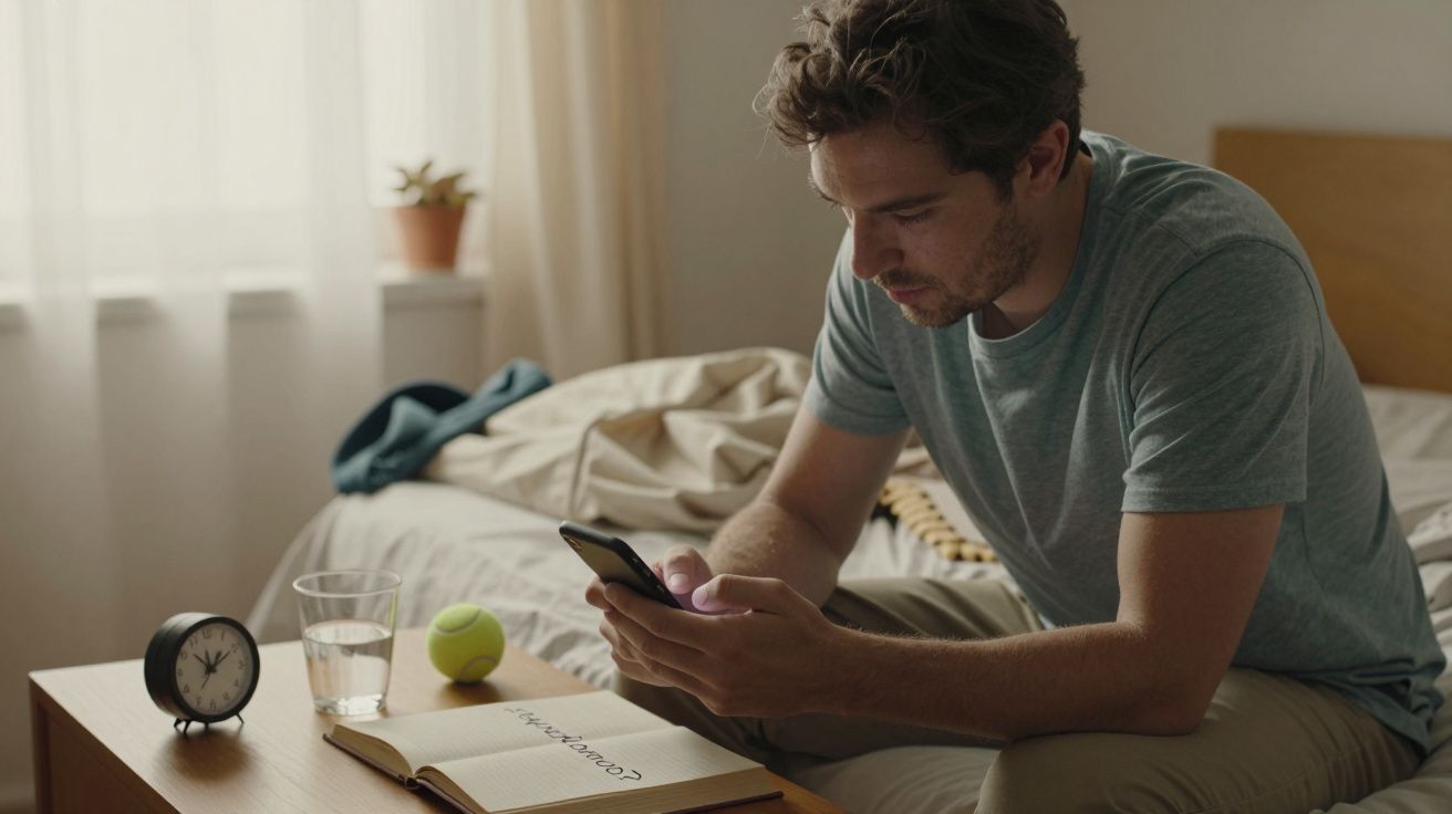 Hombre sentado en la cama con móvil, junto a una mesa con reloj, vaso de agua, pelota y cuaderno.
