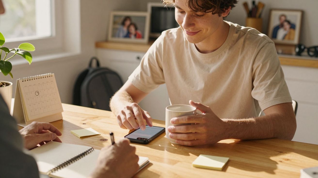 Persona usando un móvil mientras bebe café en una mesa, con notas adhesivas y una libreta.