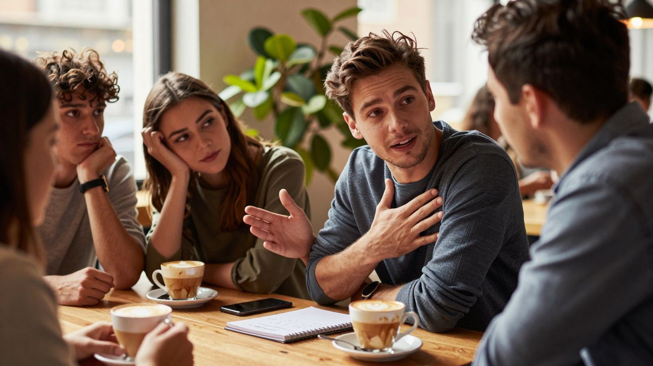 Grupo de jóvenes conversando en una cafetería, con tazas de café y un cuaderno sobre la mesa.