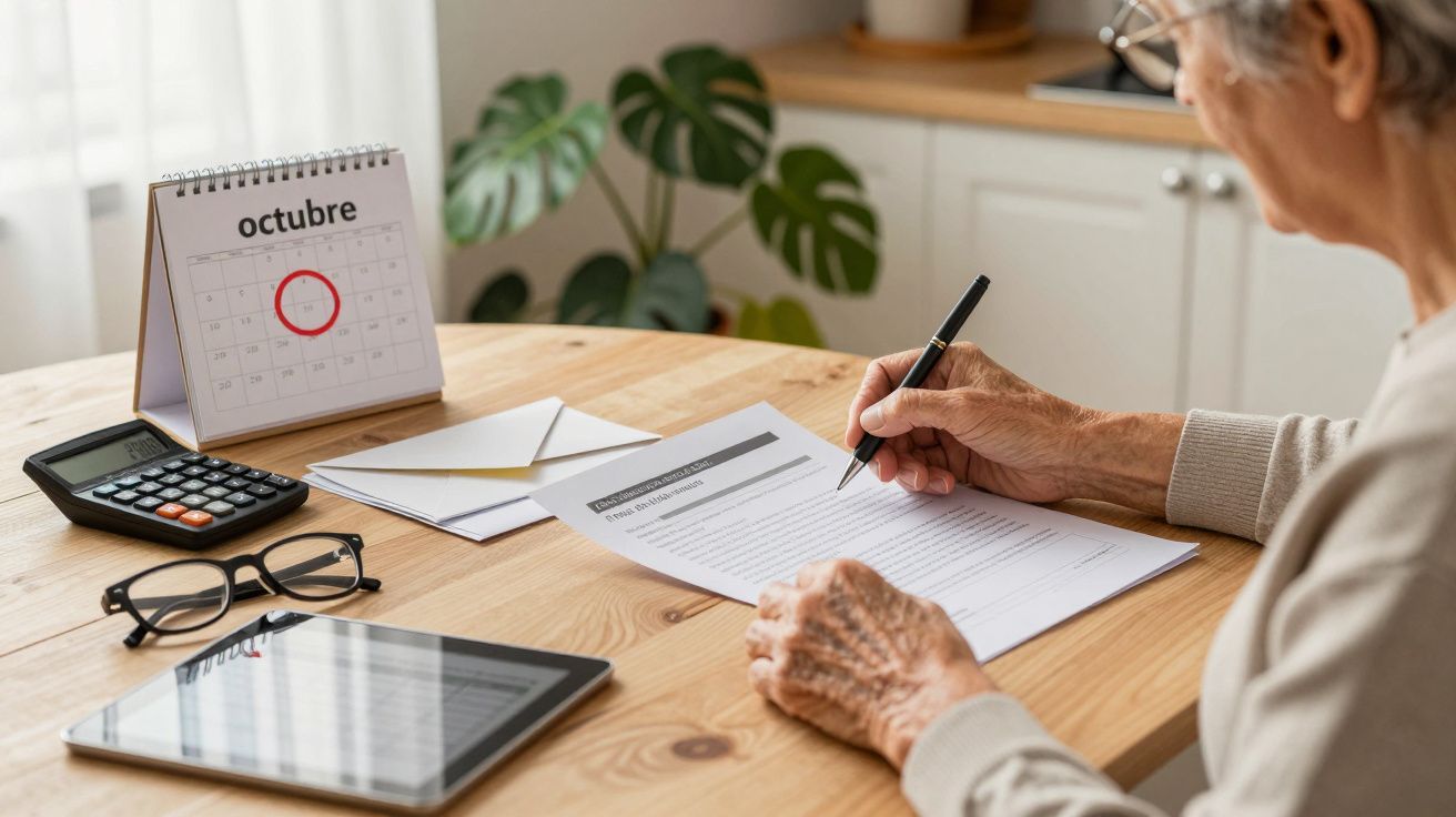 Persona mayor revisando documentos en una mesa. Hay un calendario de octubre, una calculadora y una tablet cerca.