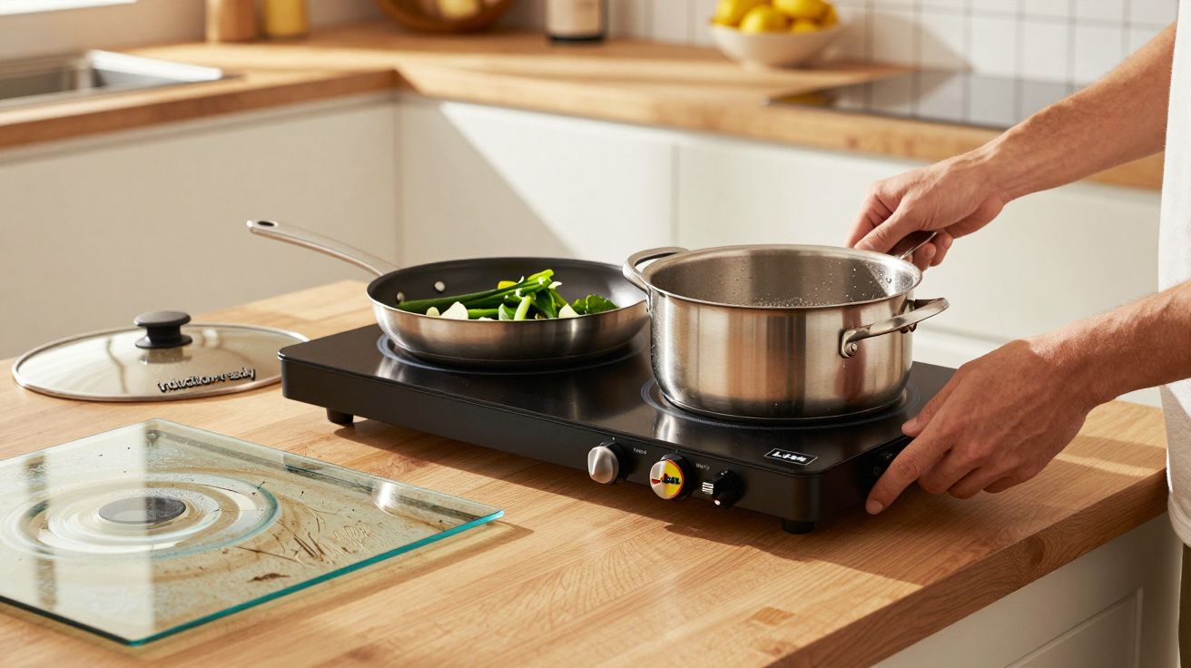 Persona cocinando en una cocina con sartén y olla sobre una placa de inducción en una encimera de madera.