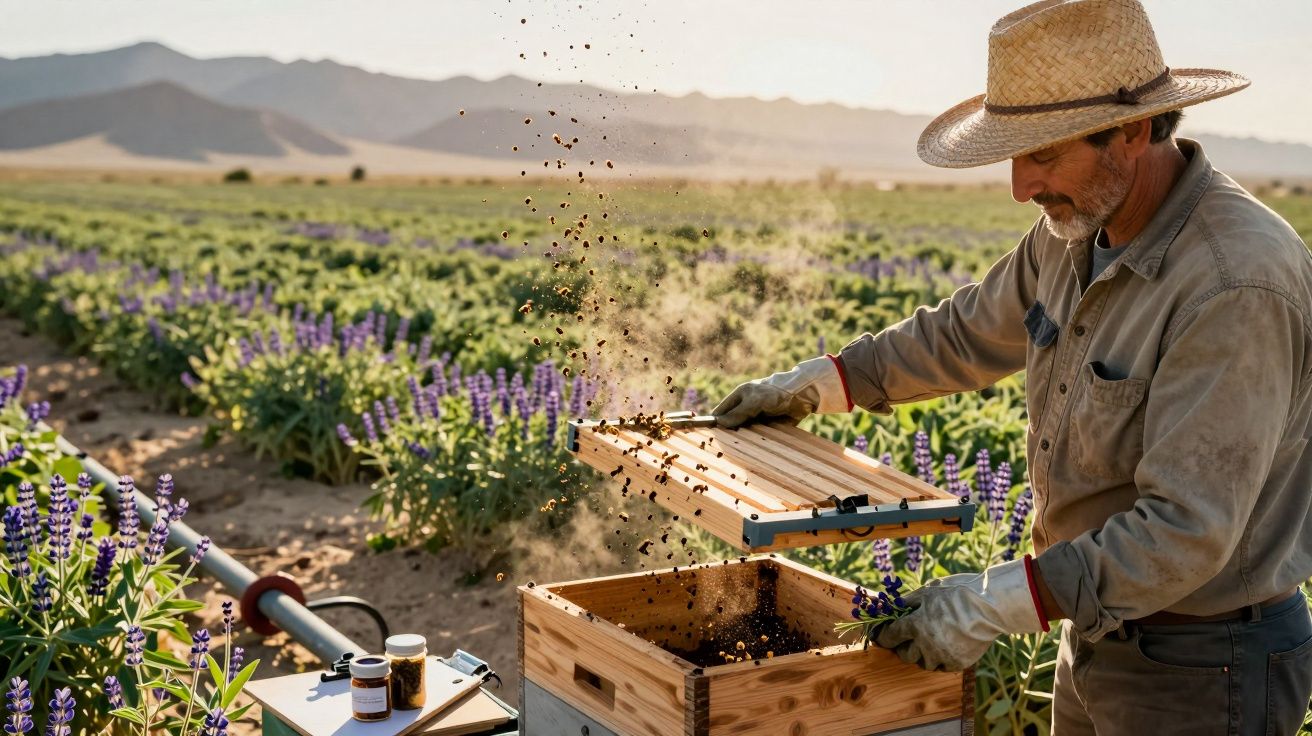 Agricultor esparciendo semillas en un campo de lavandas, con montañas al fondo y sol brillante.