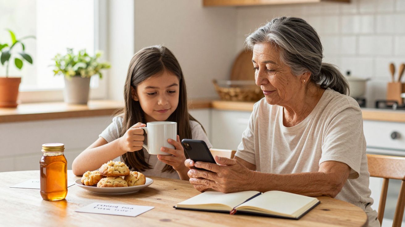 Mujer mayor y niña tomando té en una cocina, con bollos y miel sobre la mesa.