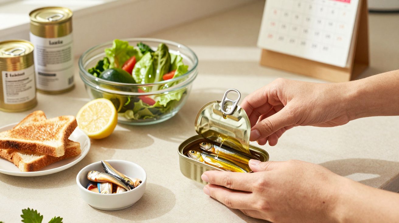 Persona abriendo lata de sardinas en una cocina, con ensalada, tostadas y limones cerca sobre la encimera.