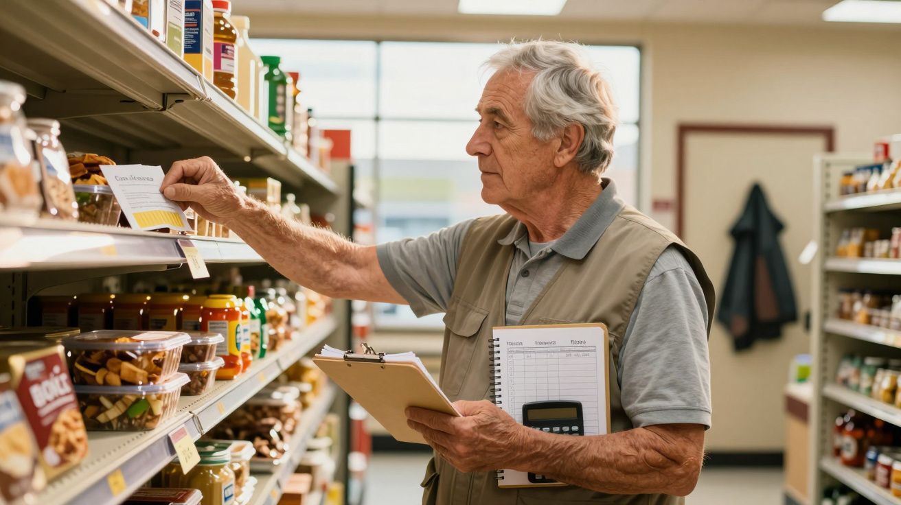 Hombre mayor revisa productos en estantería de supermercado, sosteniendo carpeta y calculadora.