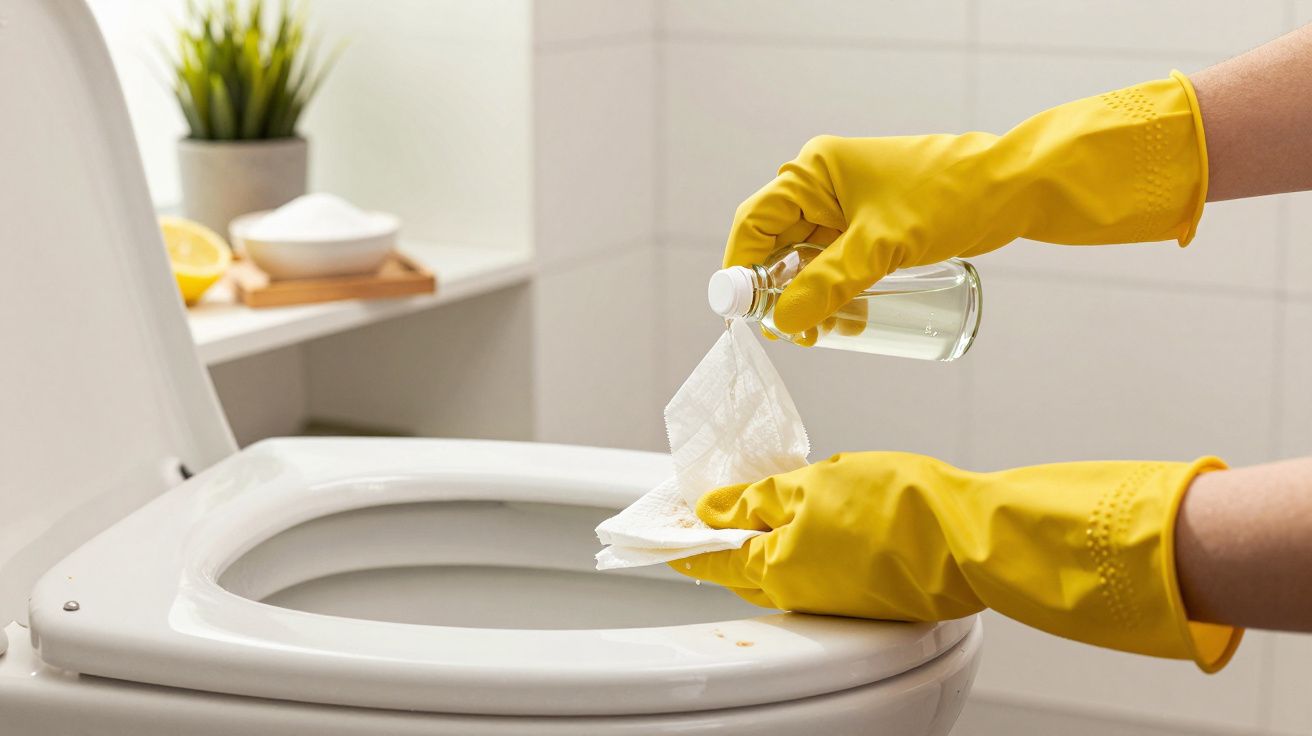 Manos con guantes amarillos limpiando un inodoro con un líquido desinfectante y un paño blanco en un baño.