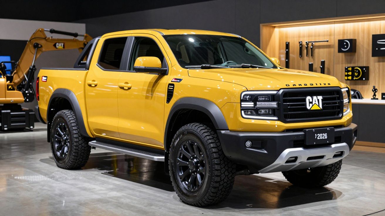 Camioneta amarilla CAT exhibida en un showroom, con fondo de accesorios y maquinaria.