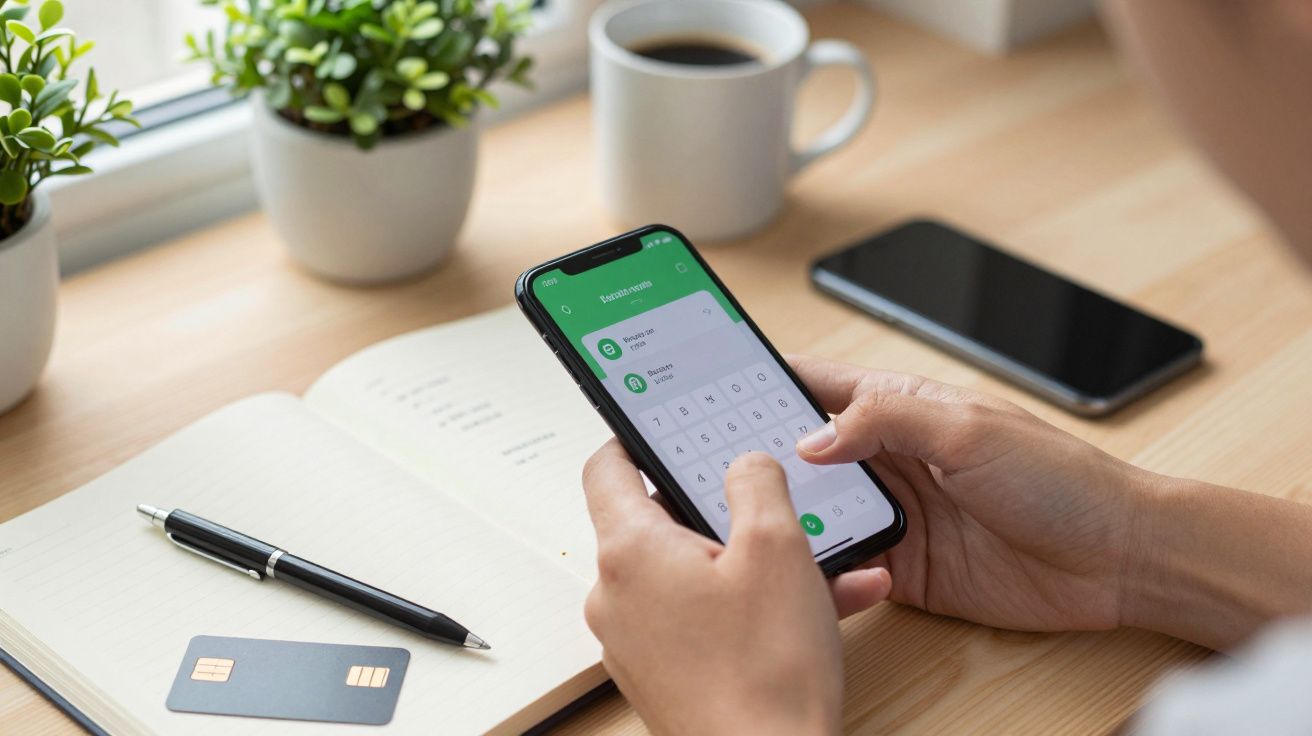 Persona usando un smartphone sobre un escritorio con notebook, café, móvil y plantas pequeñas.