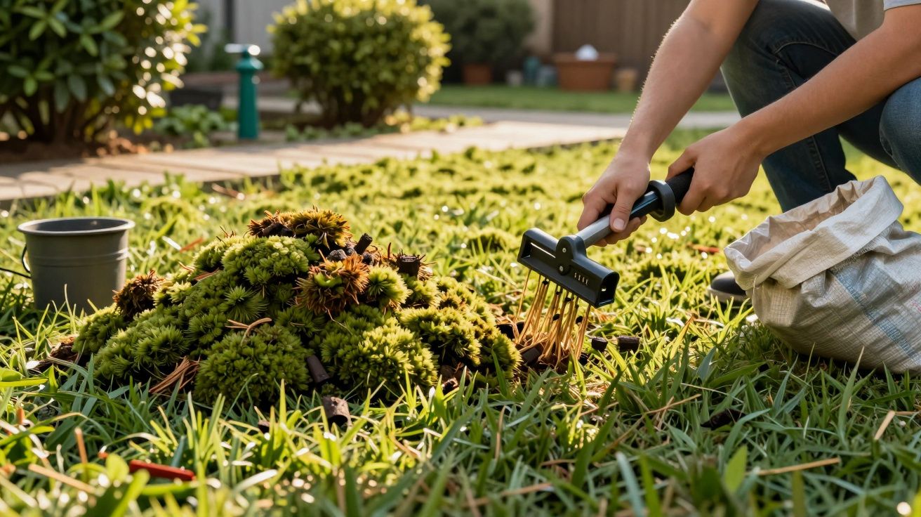 Persona removiendo malas hierbas en el jardín con una herramienta de mano, cerca de un saco y un cubo.
