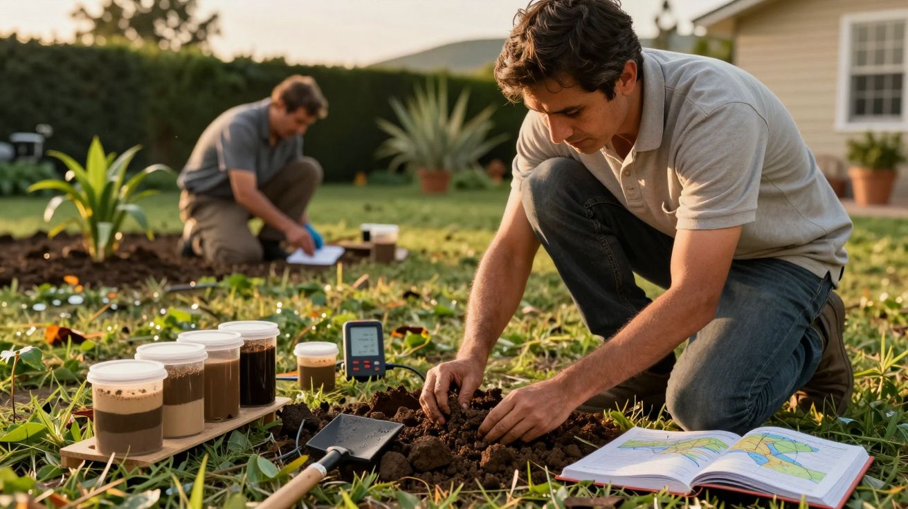 Dos personas analizan suelo en un jardín, con muestras de tierra y herramientas de medición a su alrededor.