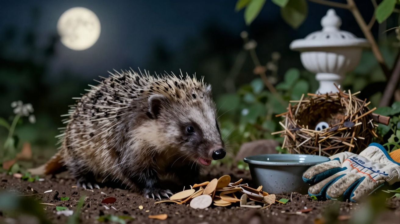 Erizo junto a un nido y tazón en el jardín bajo la luna llena.