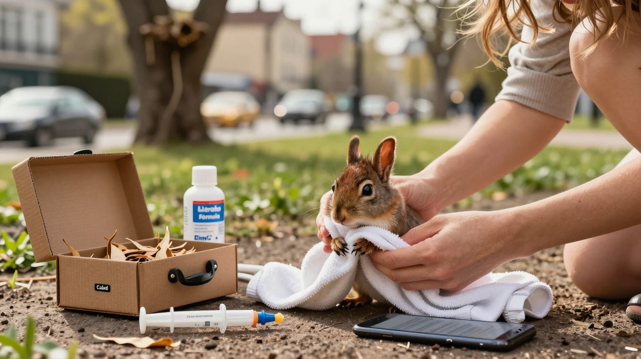 Persona cuidando una ardilla herida con un pañuelo en un parque; botiquín y jeringa cerca.