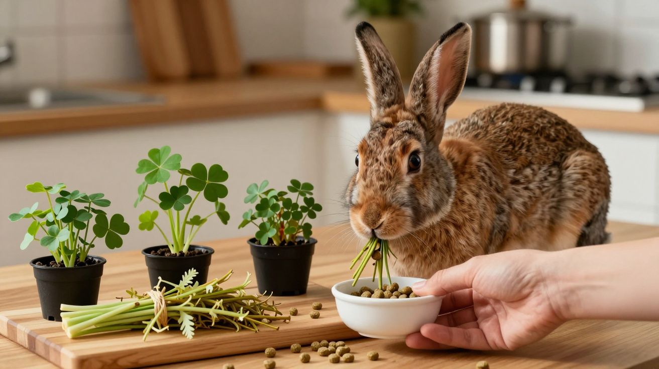 Conejo comiendo cerca de pequeñas macetas de plantas verdes sobre una mesa de madera en una cocina.