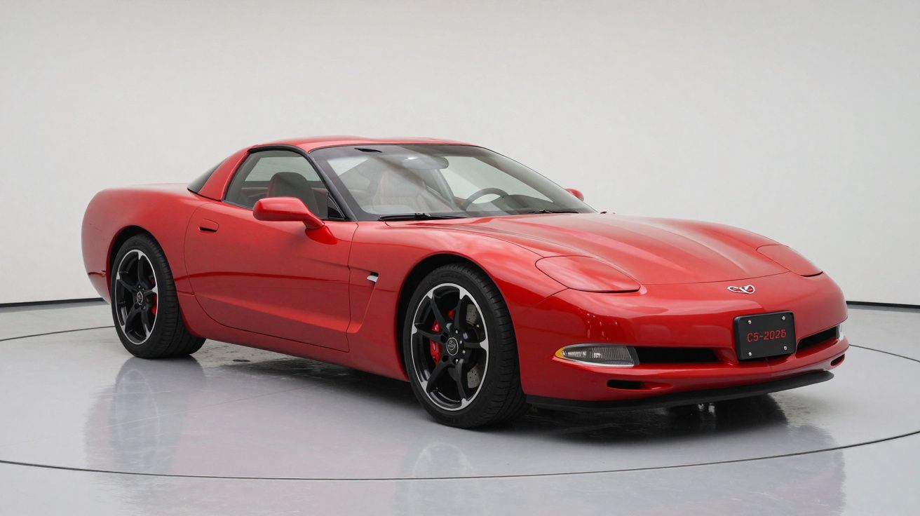 Coche deportivo rojo con techo negro, llantas negras y detalles cromados, estacionado en un fondo blanco.