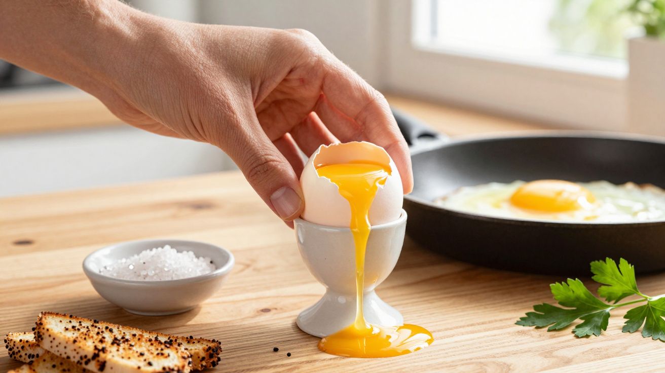 Mano sosteniendo un huevo pasado por agua con yema líquida junto a pan, sal y sartén con huevo frito.