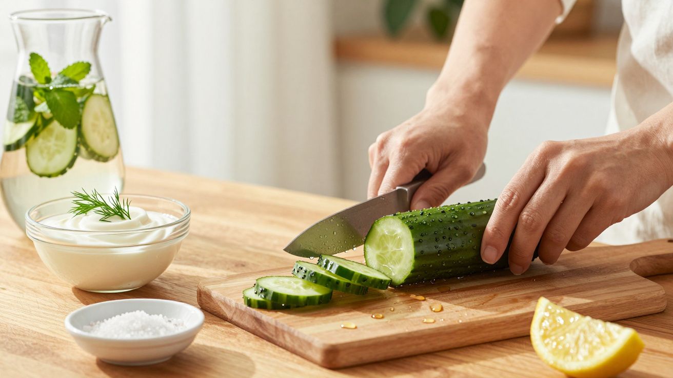Persona cortando un pepino en rodajas sobre una tabla de madera. Jarra de agua con pepino y menta al fondo.
