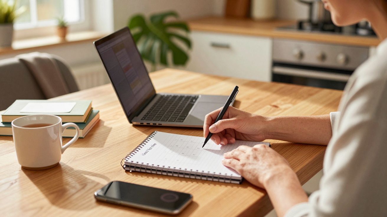 Persona escribiendo en un bloc de notas en una mesa de madera, junto a un portátil, un móvil y una taza de café.