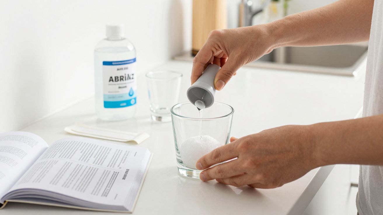 Manos vertiendo líquido en un vaso, junto a un libro abierto y una botella en la encimera de una cocina.