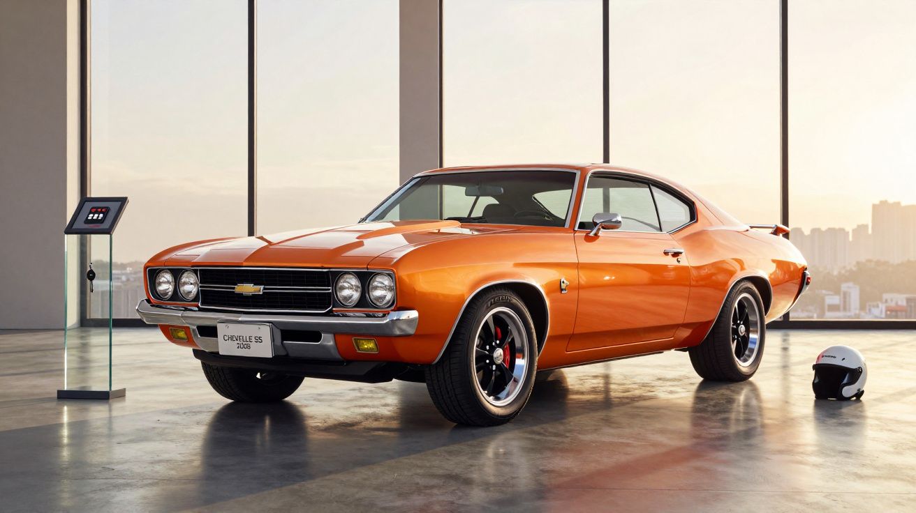 Coche clásico naranja en una sala moderna con ventanales grandes; casco en el suelo y pantalla táctil a la izquierda.