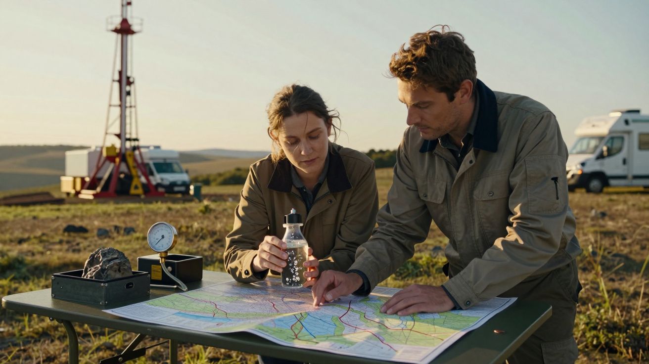 Dos personas analizan un mapa en una mesa al aire libre, con equipo geológico y una torre al fondo.