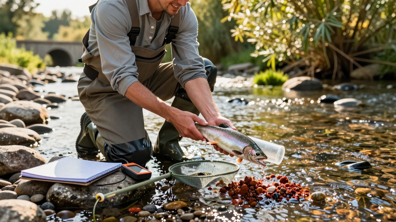 Hombre recogiendo muestras de un pez en un río con cuaderno y red, rodeado de piedras y vegetación.
