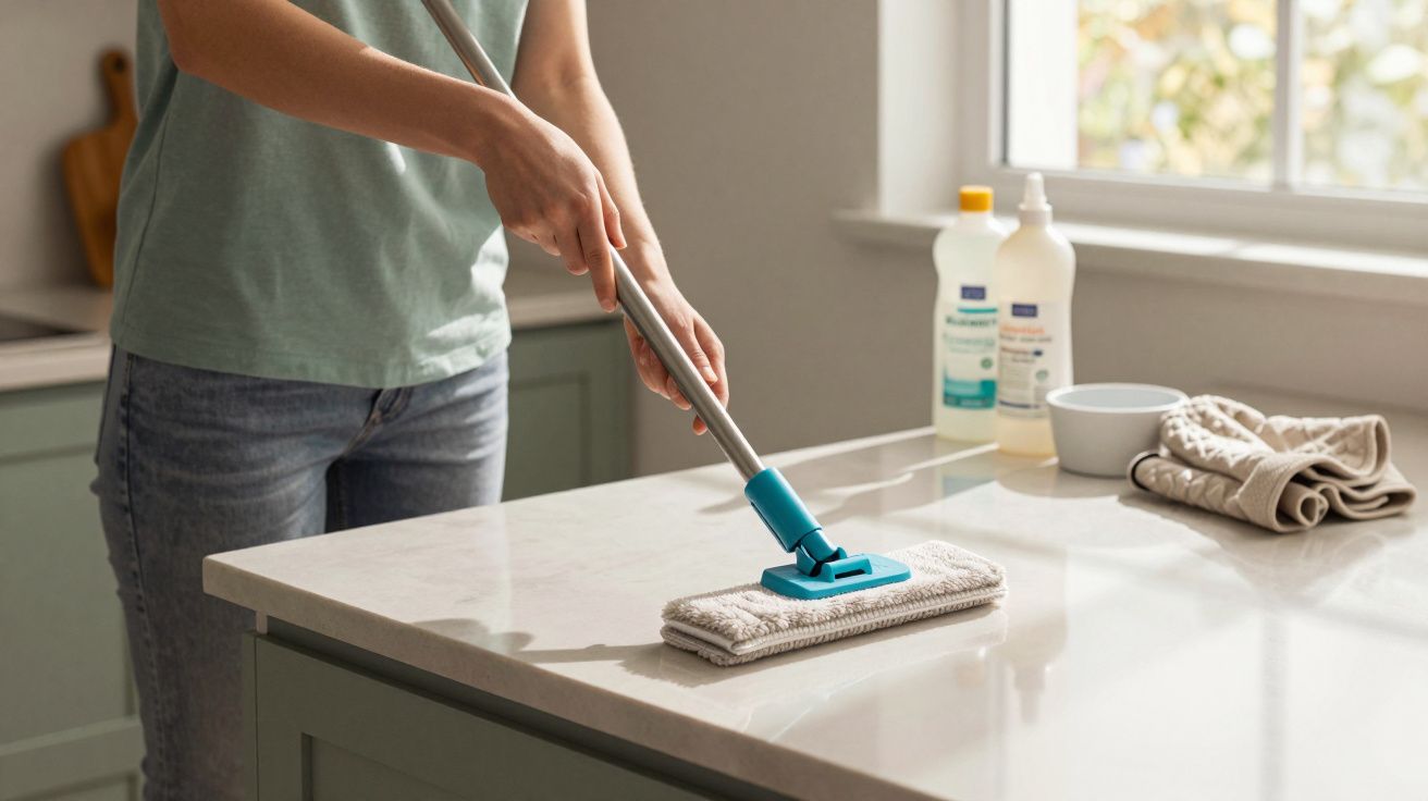 Persona limpiando encimera de cocina con fregona, productos de limpieza y trapos encima.