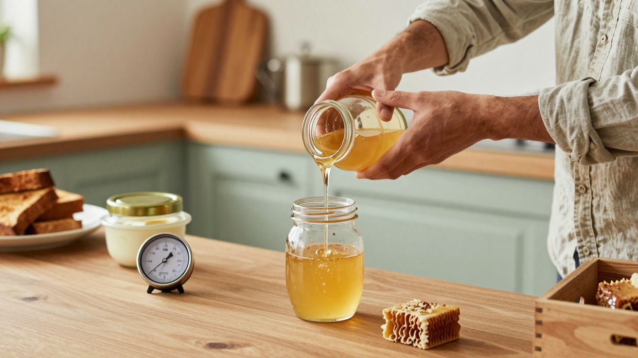 Persona vertiendo miel en un frasco en una cocina con pan, tarros y reloj sobre la mesa.