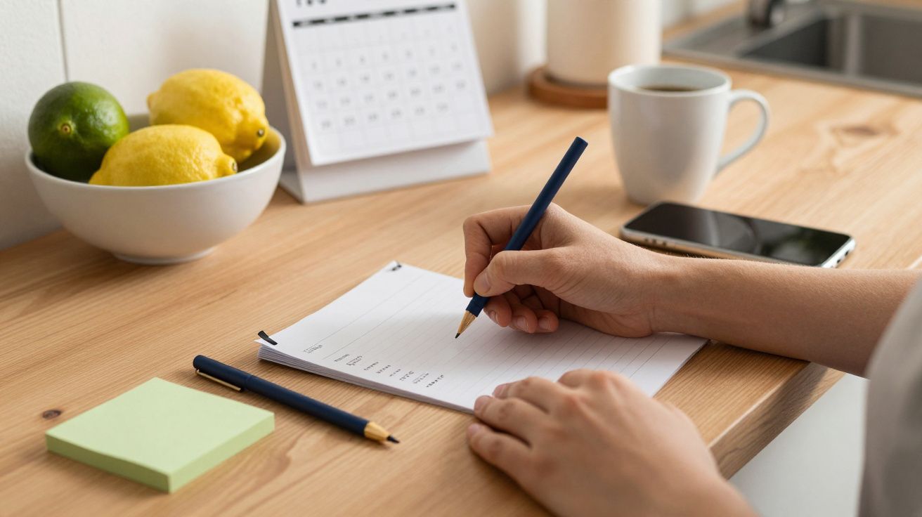Manos escribiendo en un bloc sobre una mesa con bolígrafo, móvil, taza de café y frutero con limones y limas.