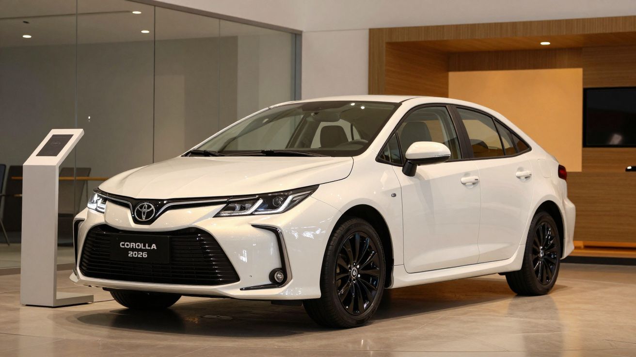 Coche blanco Toyota Corolla 2026 en una sala de exposición moderna.