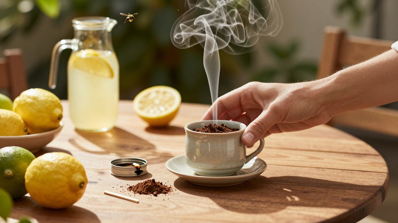 Mano sujetando taza de café humeante en mesa con limones, jarra de limonada y abeja volando cerca.