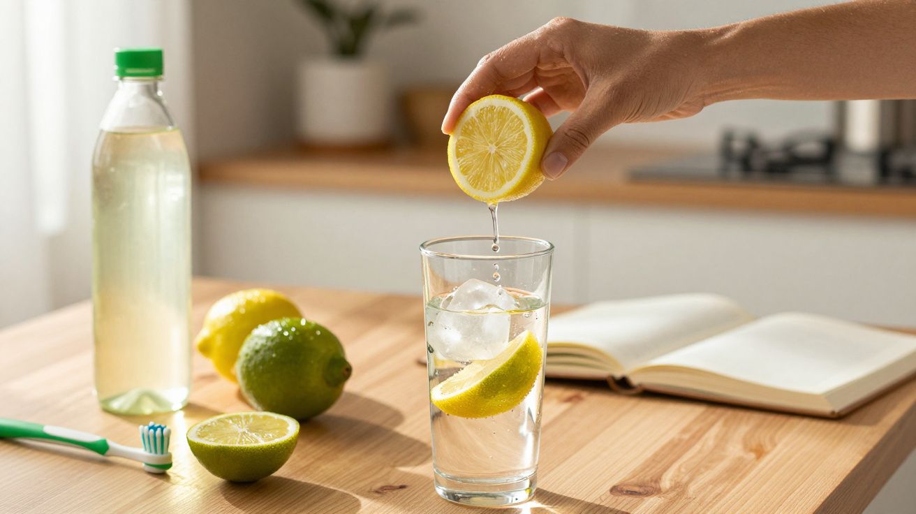 Mano exprimiendo limón en vaso de agua sobre la mesa, con cepillo de dientes, botella y limones alrededor.