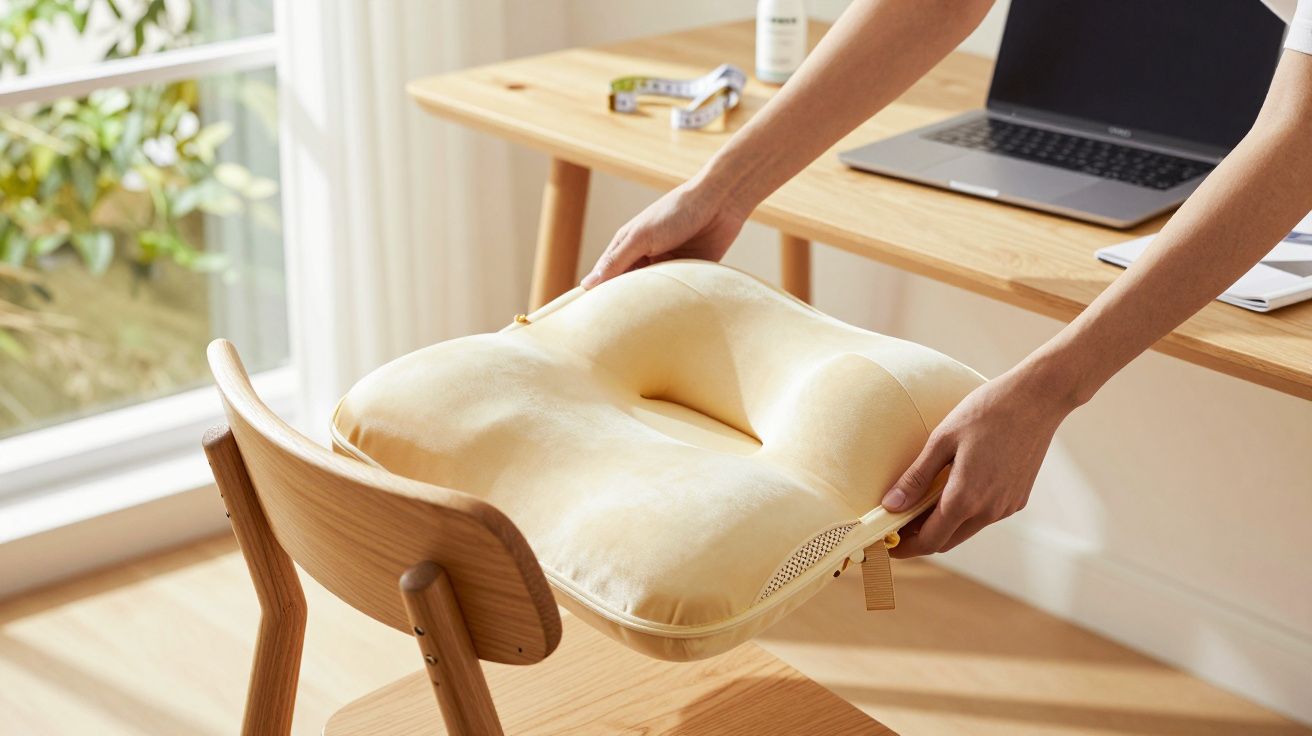 Persona colocando un cojín ergonómico amarillo sobre una silla de madera junto a una mesa con portátil y cinta métrica.