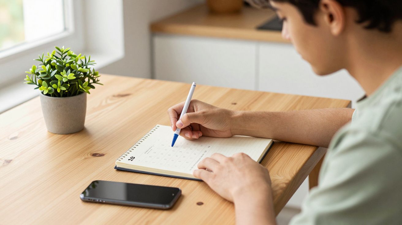 Persona escribiendo en un calendario en una mesa de madera, junto a un móvil y una planta.