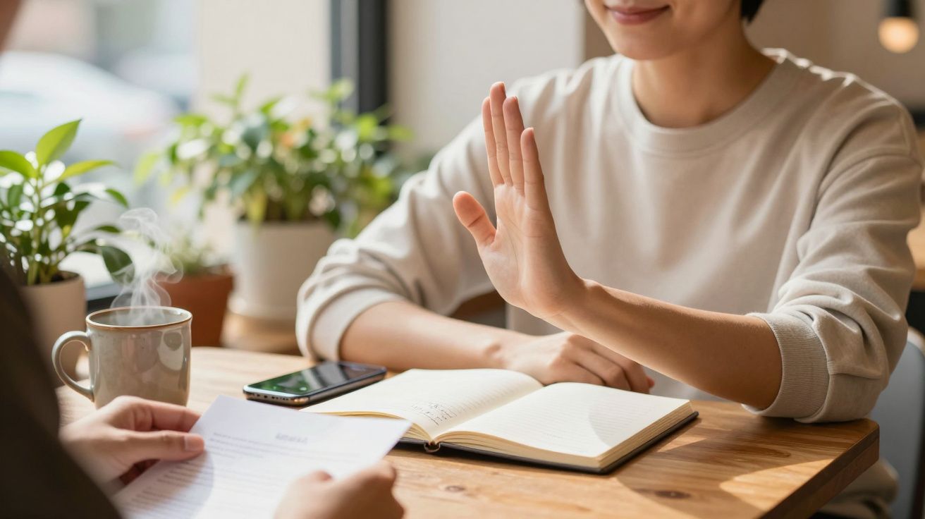 Persona rechazando documento con la mano; otra mano sostiene papel. Mesa con cuaderno, móvil y taza cercana.