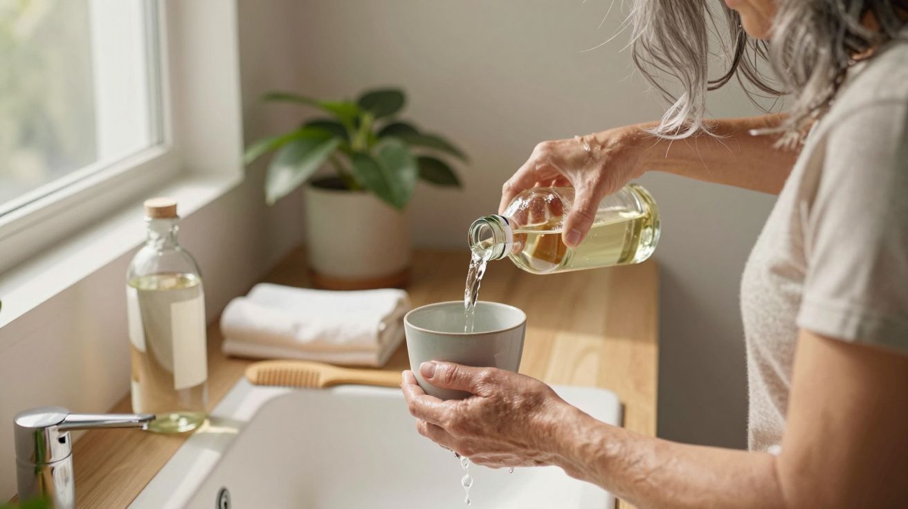 Mujer vertiendo líquido en taza en baño, con planta y toallas cerca del lavabo.