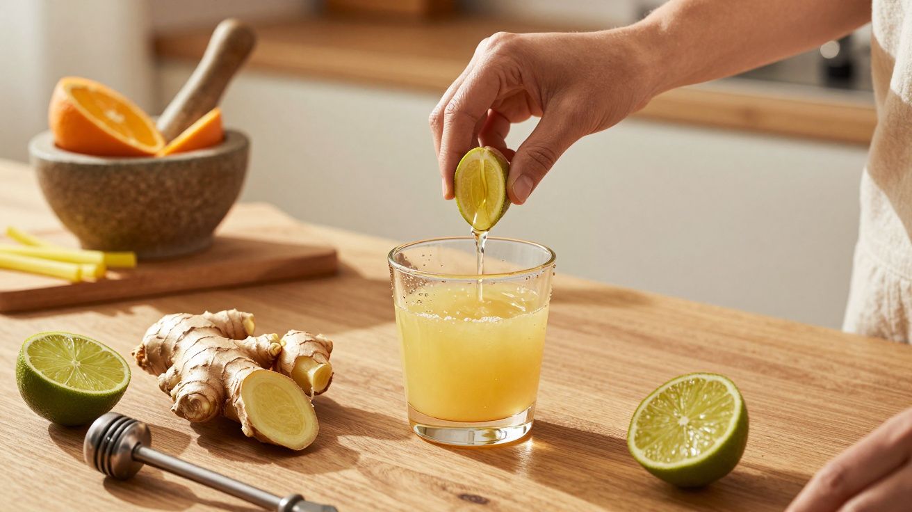 Mano exprimiendo lima en un vaso con jugo en una cocina, junto a jengibre y cítricos en la mesa de madera.