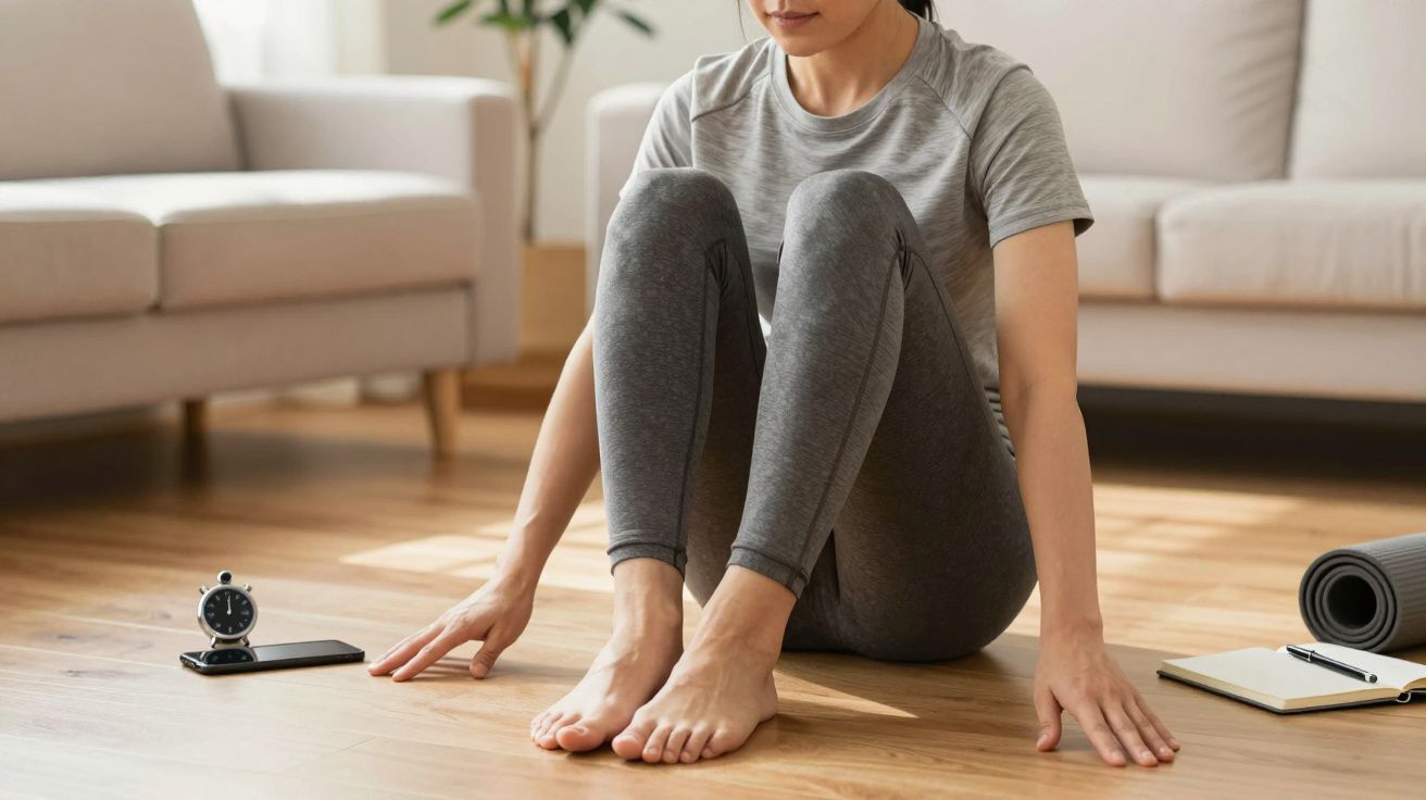 Mujer sentada en el suelo de casa en postura de ejercicio, con cronómetro y cuaderno cerca.