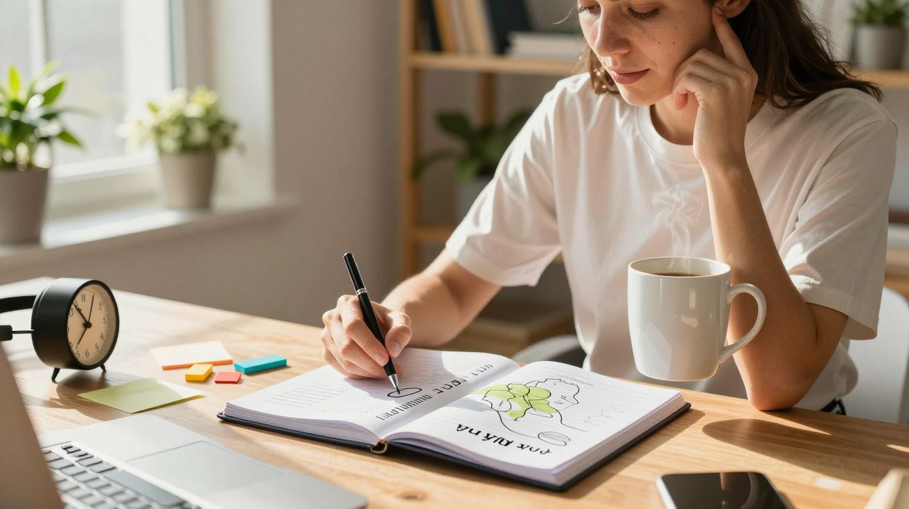 Mujer escribiendo en un cuaderno mientras sostiene una taza de café, en un escritorio con portátil y reloj.