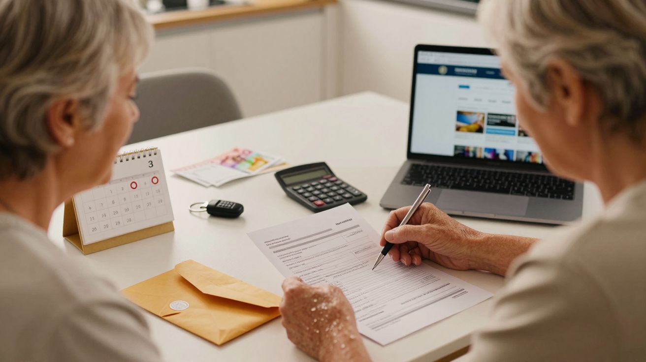 Dos personas mayores revisan documentos en una mesa con un portátil, calendario y calculadora.