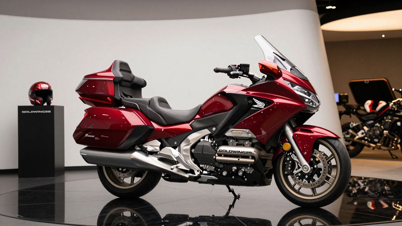 Motocicleta roja Honda Goldwing en exhibición sobre plataforma, acompañada de un casco a juego y fondo de motos adicionales.