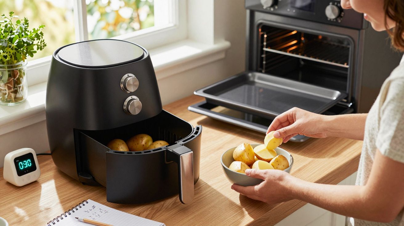 Persona colocando patatas cortadas en la cesta de una freidora de aire en una cocina luminosa.