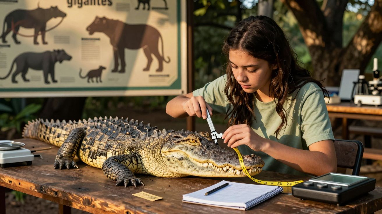 Joven midiendo un cocodrilo sobre una mesa con herramientas científicas y un cuaderno al aire libre.