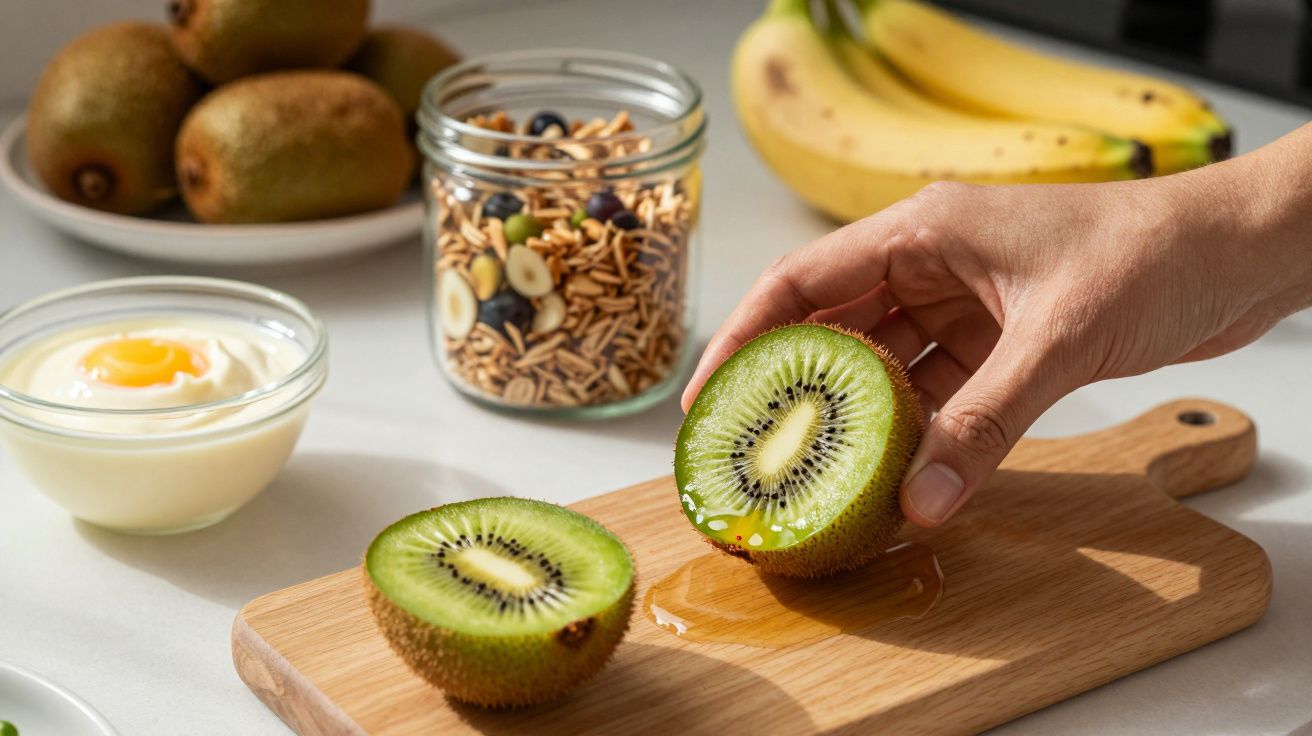 Mano sosteniendo medio kiwi sobre una tabla, con otra mitad al lado; al fondo, yogur, cereales, plátanos y kiwis.