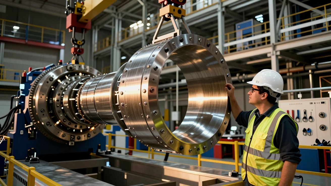 Trabajador con casco inspecciona una gran pieza cilíndrica metálica en una fábrica industrial.