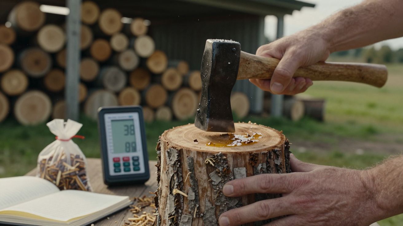 Mano sosteniendo hacha sobre tronco, con medidor digital, libro y astillas en mesa de fondo.
