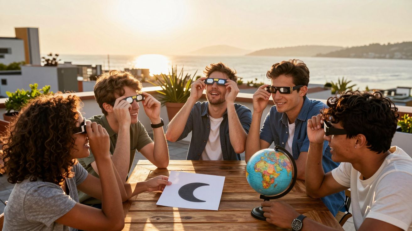 Grupo de jóvenes observa un eclipse solar con gafas protectoras al atardecer, alrededor de una mesa con un globo terráqueo.