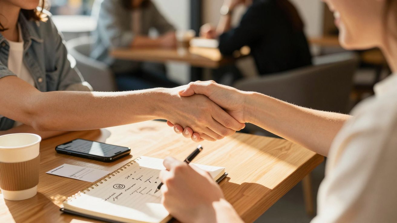 Dos personas dándose la mano sobre una mesa de madera, con una libreta y un móvil al lado.
