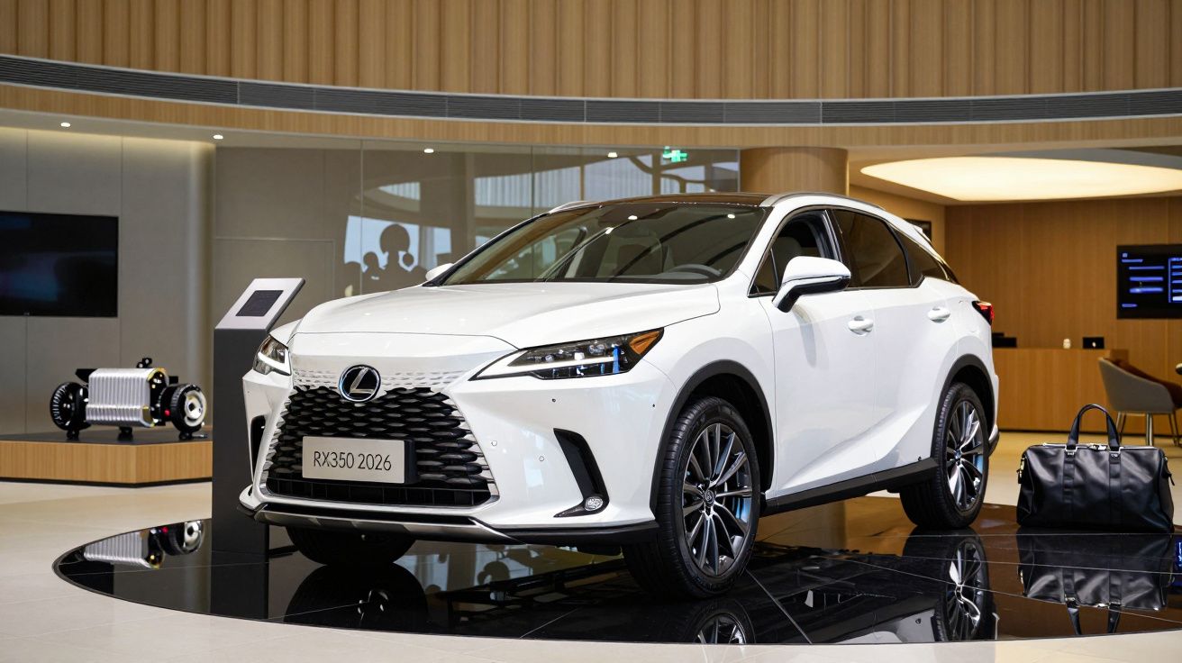 SUV blanco Lexus RX350 2026 expuesto en un salón de automóviles moderno.
