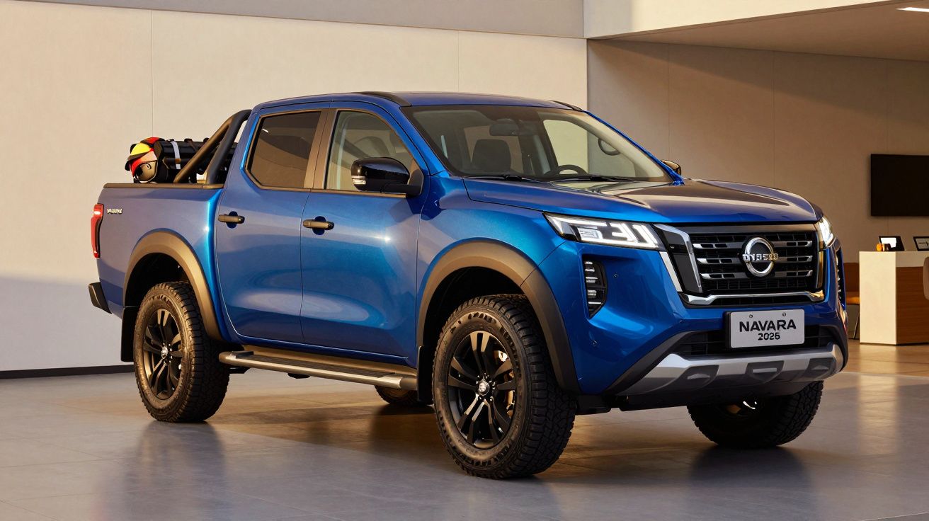 Camioneta azul Nissan Navara 2025 estacionada en un espacio interior con equipaje en la parte trasera.
