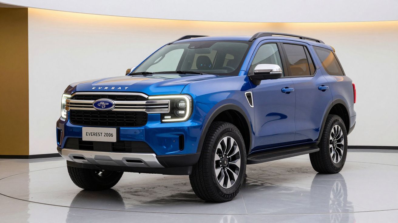 Coche SUV azul en un estudio bien iluminado, con diseño moderno y detalles en cromo.